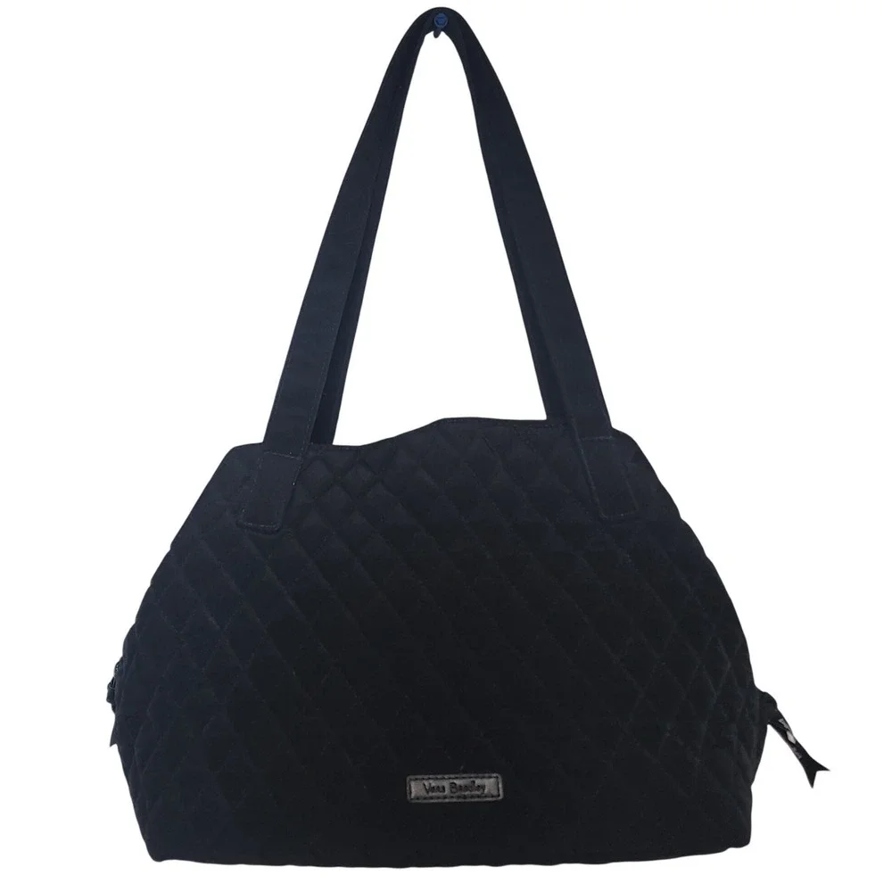 Vera Bradley Glenna Satchel Bag Black Quilted Cotton Floral Lining Shoulder Tote